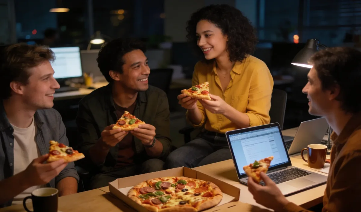 Quatre collègues partagent une pizza en discutant dans les locaux d’une rédaction, le soir