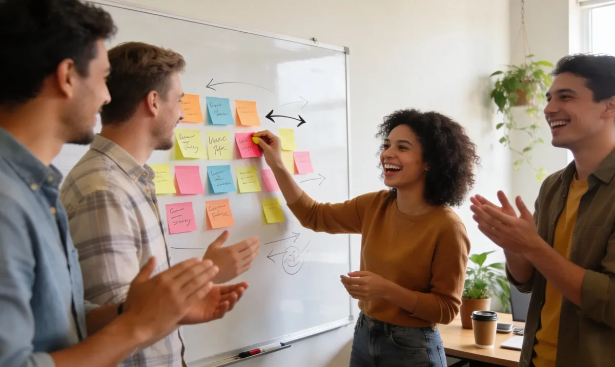 Une équipe applaudit devant un tableau blanc couvert de notes adhésives colorées