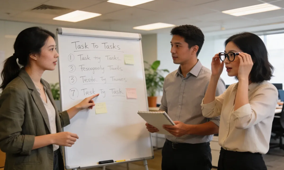 Trois collègues discutent d’une liste de tâches devant un paperboard dans un bureau lumineux